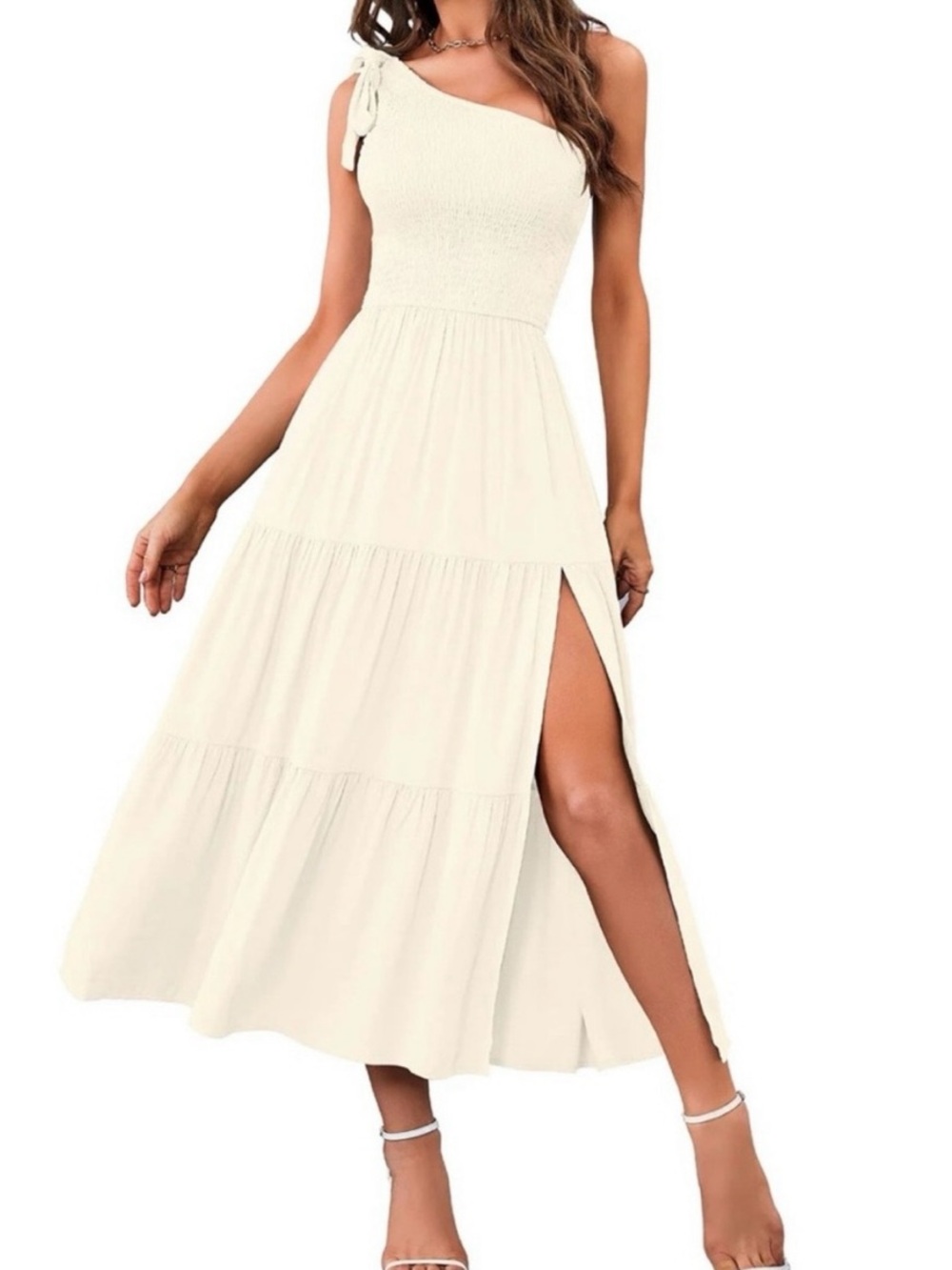 Merokeety Sz S Women’s One-Shoulder Cream Maxi Dress with Side Slit | NWT